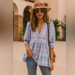 Free People Cotton Flow Lace Plaid XS/S French Girl Coquette Festival Boho Flirt